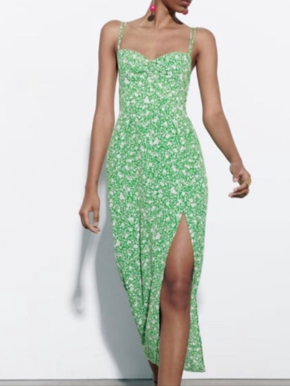 NWOT Zara Green and Cream Floral Ditzy Flower Midi Slip Dress